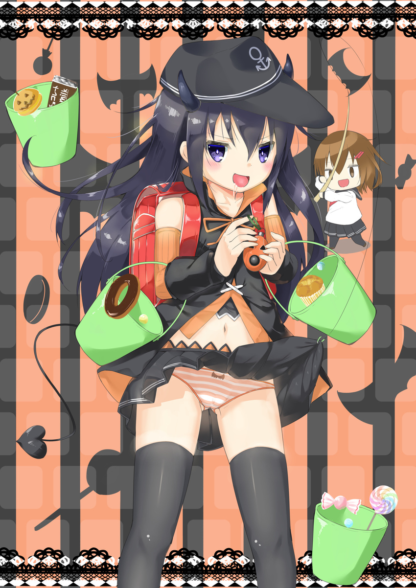 :d akatsuki_(kantai_collection) anchor_symbol arm_warmers aruma_(sawayaka_tokuko_miruku) ass_visible_through_thighs backpack bag black_hat black_legwear black_shirt black_skirt blush brown_eyes brown_hair bucket cameltoe candy candy_wrapper chibi chocolate_doughnut collarbone commentary_request crime_prevention_buzzer demon_horns demon_tail doughnut drooling fishing_hook fishing_line fishing_rod flat_cap food hair_between_eyes hair_ornament hairclip halloween hat highres horns ikazuchi_(kantai_collection) kantai_collection lifted_by_another lollipop long_hair long_sleeves looking_at_viewer muffin multiple_girls navel open_mouth orange_ribbon panties pantyhose pleated_skirt purple_eyes purple_hair randoseru ribbon saliva school_uniform serafuku shirt skirt skirt_lift sleeveless sleeveless_shirt smile standing striped striped_panties sweets swirl_lollipop tail thighhighs trick-or-treating underwear very_long_hair white_shirt