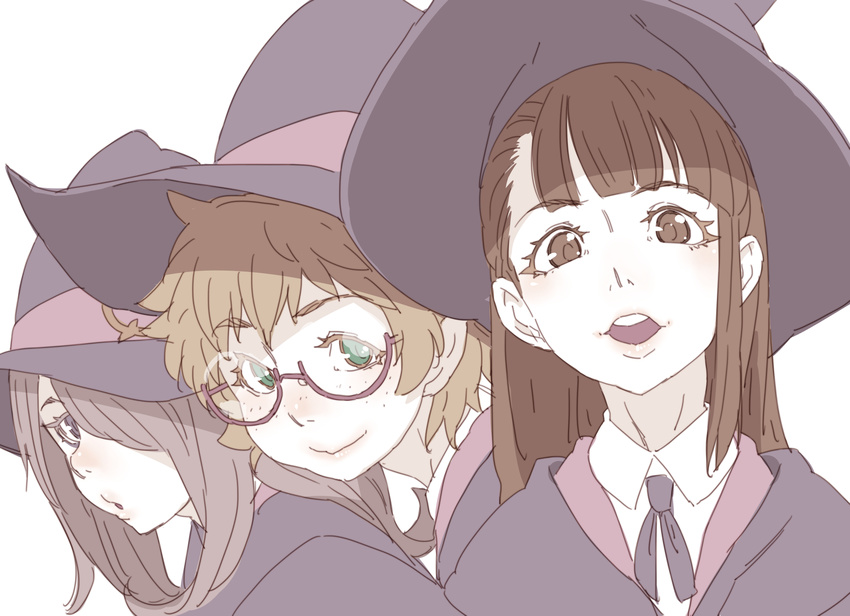 brown_eyes brown_hair closed_mouth commentary glasses green_eyes hair_over_one_eye hat highres kagari_atsuko lips little_witch_academia long_hair looking_at_viewer lotte_jansson multiple_girls open_mouth pale_color purple_eyes semi-rimless_eyewear short_hair simple_background smile sucy_manbavaran tasaka_shinnosuke under-rim_eyewear white_background witch_hat