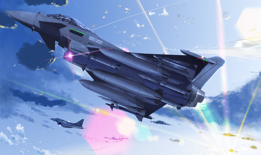 airplane canards cloud commentary_request dusk eurofighter_typhoon fighter_jet flying i.t.o_daynamics jet lens_flare military military_vehicle missile real_life realistic royal_air_force