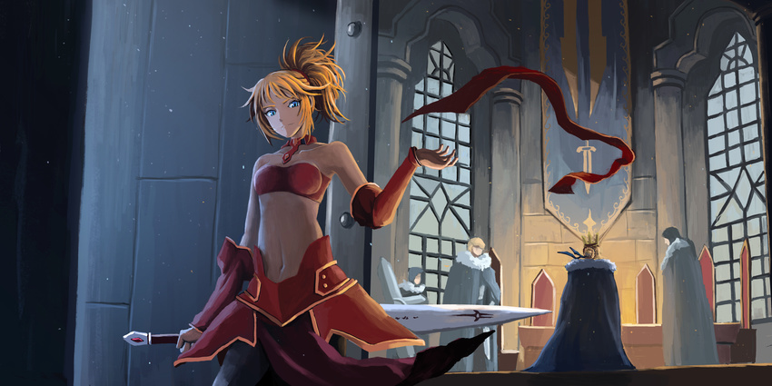 artoria_pendragon_(all) blue_eyes breasts caliburn cape character_request detached_sleeves fate/apocrypha fate_(series) fur-trimmed_cape fur_trim highres long_hair mordred_(fate) mordred_(fate)_(all) navel ponytail red_ribbon ribbon saber small_breasts sword weapon window zen_(weishanzhe)