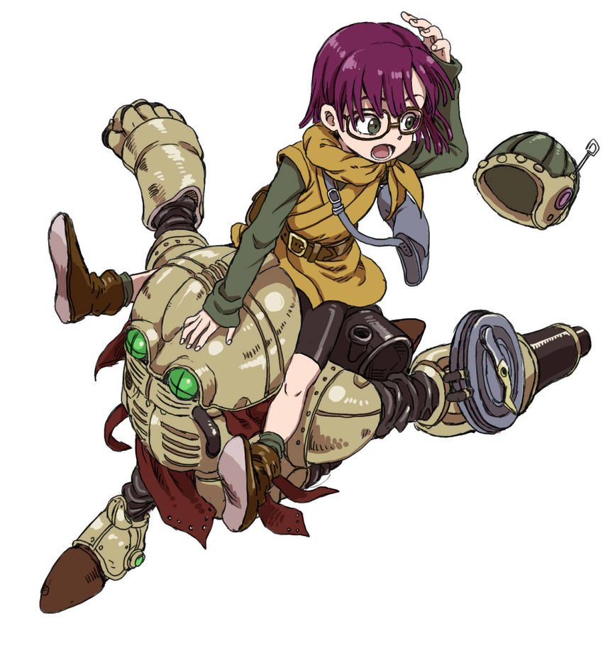 ankle_boots bag bangs belt belt_pouch bike_shorts black-framed_eyewear black_shorts boots brown_footwear carrying chrono_trigger flat_chest from_above full_body glasses green_eyes hand_up headwear_removed helmet helmet_removed highres humanoid_robot long_sleeves looking_back lucca_ashtear open_mouth outstretched_leg pouch purple_hair robo running scarf shoe_soles short_hair shorts shoulder_bag shoulder_carry sideways_glance simple_background surprised white_background yamamoto_souichirou