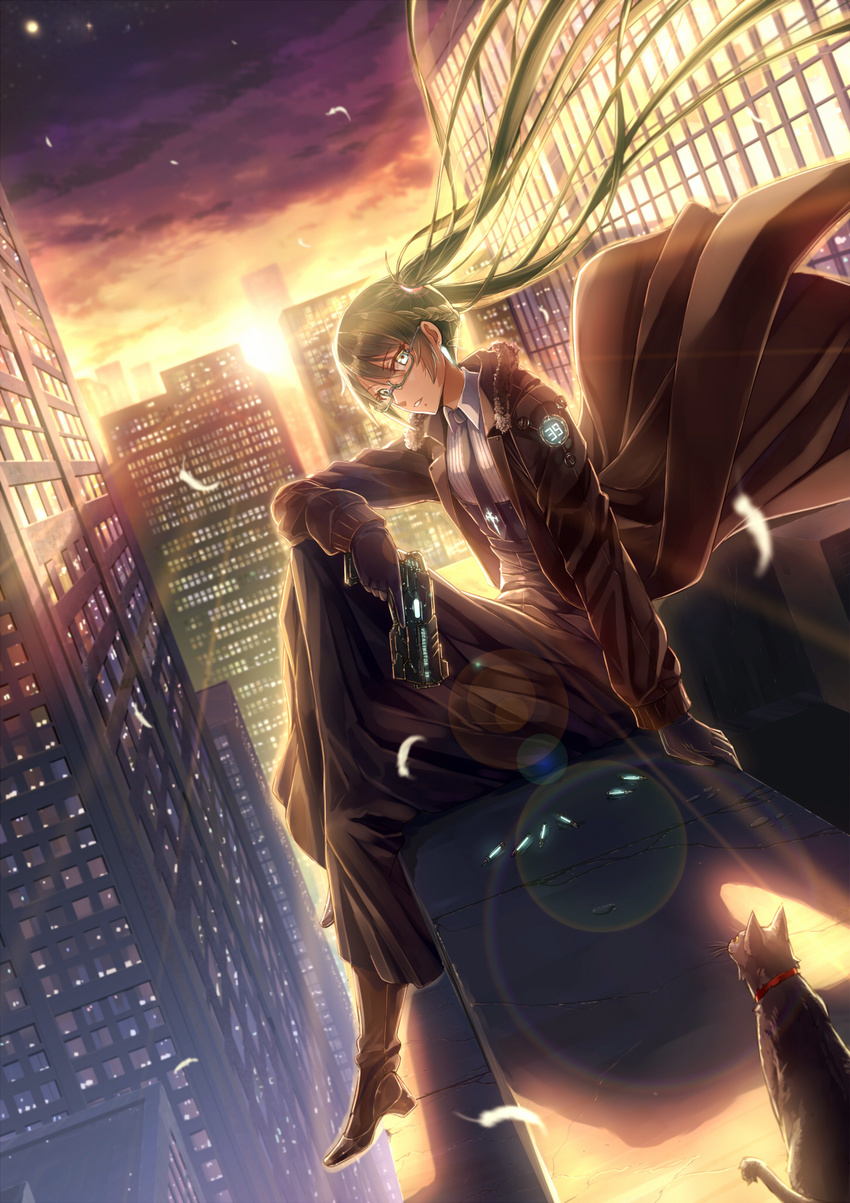 39 aqua_eyes aqua_hair black_cat boots bullet cat city earrings feathers glasses gloves gun hatsune_miku highres jewelry kazeno long_coat long_hair long_skirt looking_at_viewer necktie sitting skirt solo twintails very_long_hair vocaloid weapon wind