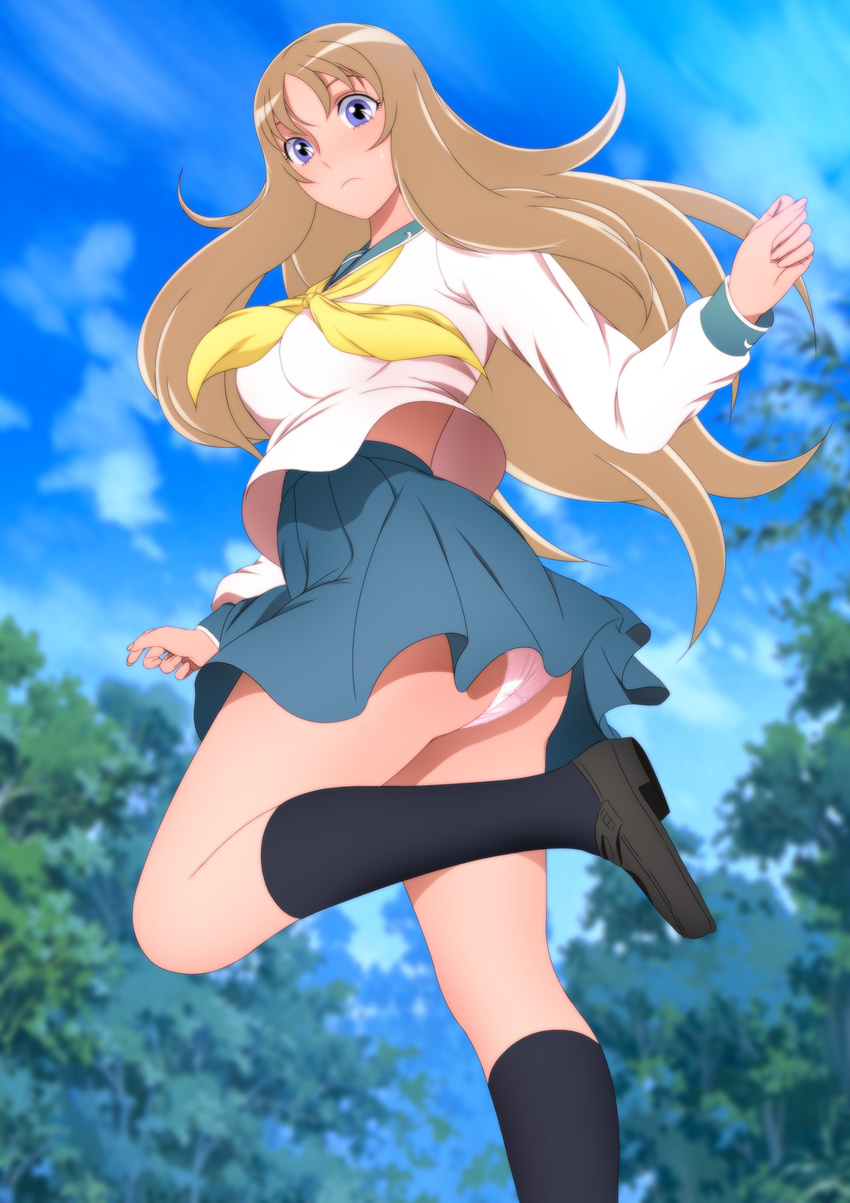 1girl aquila_yuna ass blonde_hair blue_eyes blue_skirt blush breasts closed_mouth clouds feet floating_hair from_below highres large_breasts leg_up legs long_hair long_sleeves looking_down outdoors panties pantyshot pantyshot_(standing) sailor_collar saint_seiya saint_seiya_omega school_uniform serafuku shoes skirt sky socks solo standing thighs trees underwear upskirt wind yadokari_genpachirou