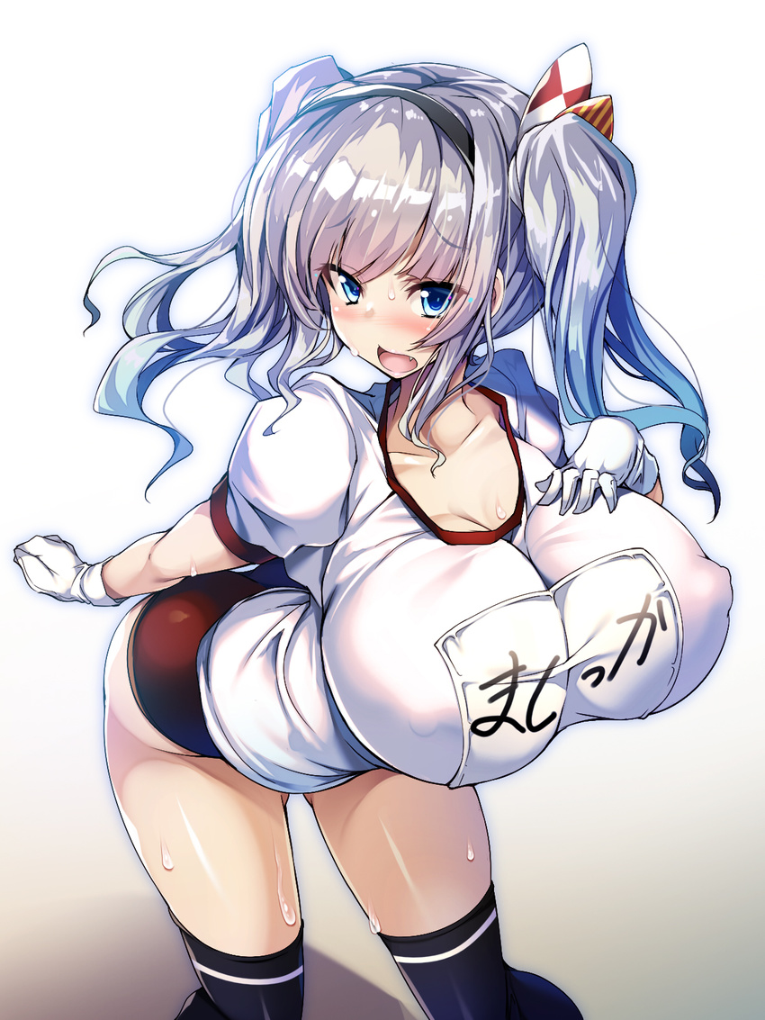 alternate_breast_size black_legwear blue_eyes blush breasts buruma collarbone covered_nipples fang feet_out_of_frame gloves gym_uniform hair_ornament hairband hand_on_own_chest headband highres huge_breasts kantai_collection kashima_(kantai_collection) knees_together_feet_apart looking_at_viewer name_tag no_bra open_mouth red_buruma shirt short_hair short_sleeves short_twintails sidelocks silver_hair solo sweat sweatdrop thighhighs thighs tied_hair torisan twintails wavy_hair wavy_mouth wet wet_clothes wet_shirt white_background white_gloves