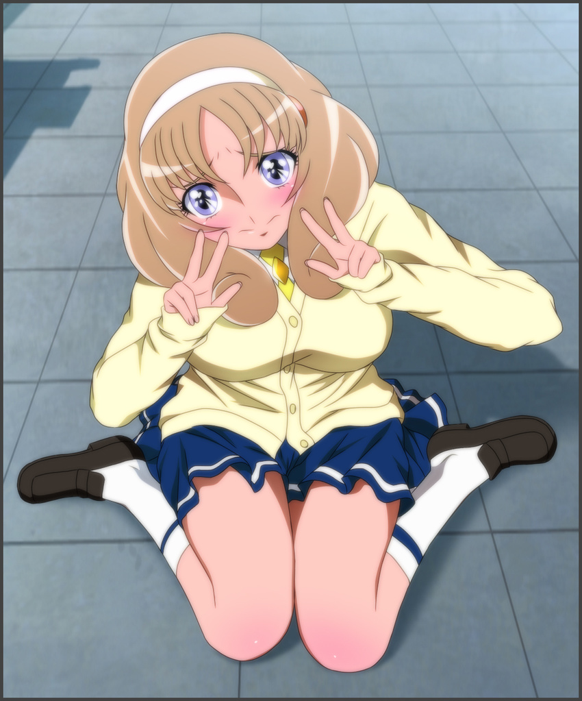 1girl aquila_yuna blazer blonde_hair blue_eyes blue_skirt breasts brown_shoes closed_mouth cosplay double_v embarrassed feet floor hairband highres kise_yayoi large_breasts legs long_hair long_sleeves looking_at_viewer outdoors precure saint_seiya saint_seiya_omega school_uniform shadow shoes sitting skirt smile_precure! socks solo thighs v yadokari_genpachirou