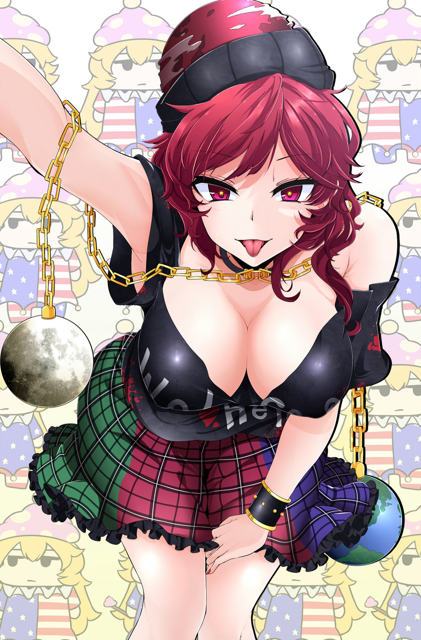 american_flag_dress bare_shoulders black_shirt breasts chain chibi chibi_inset cleavage clothes_writing clownpiece collar come_hither commentary_request earth_(ornament) hat hecatia_lapislazuli highres jester_cap jitome large_breasts looking_at_viewer miniskirt moon_(ornament) multicolored multicolored_clothes multicolored_skirt nail_polish neck_ruff pantyhose patterned_background polka_dot polos_crown poop_on_a_stick red_eyes red_hair red_nails rihito_(usazukin) shirt short_sleeves skirt star star-shaped_pupils symbol-shaped_pupils t-shirt tongue tongue_out touhou tsurime wrist_cuffs