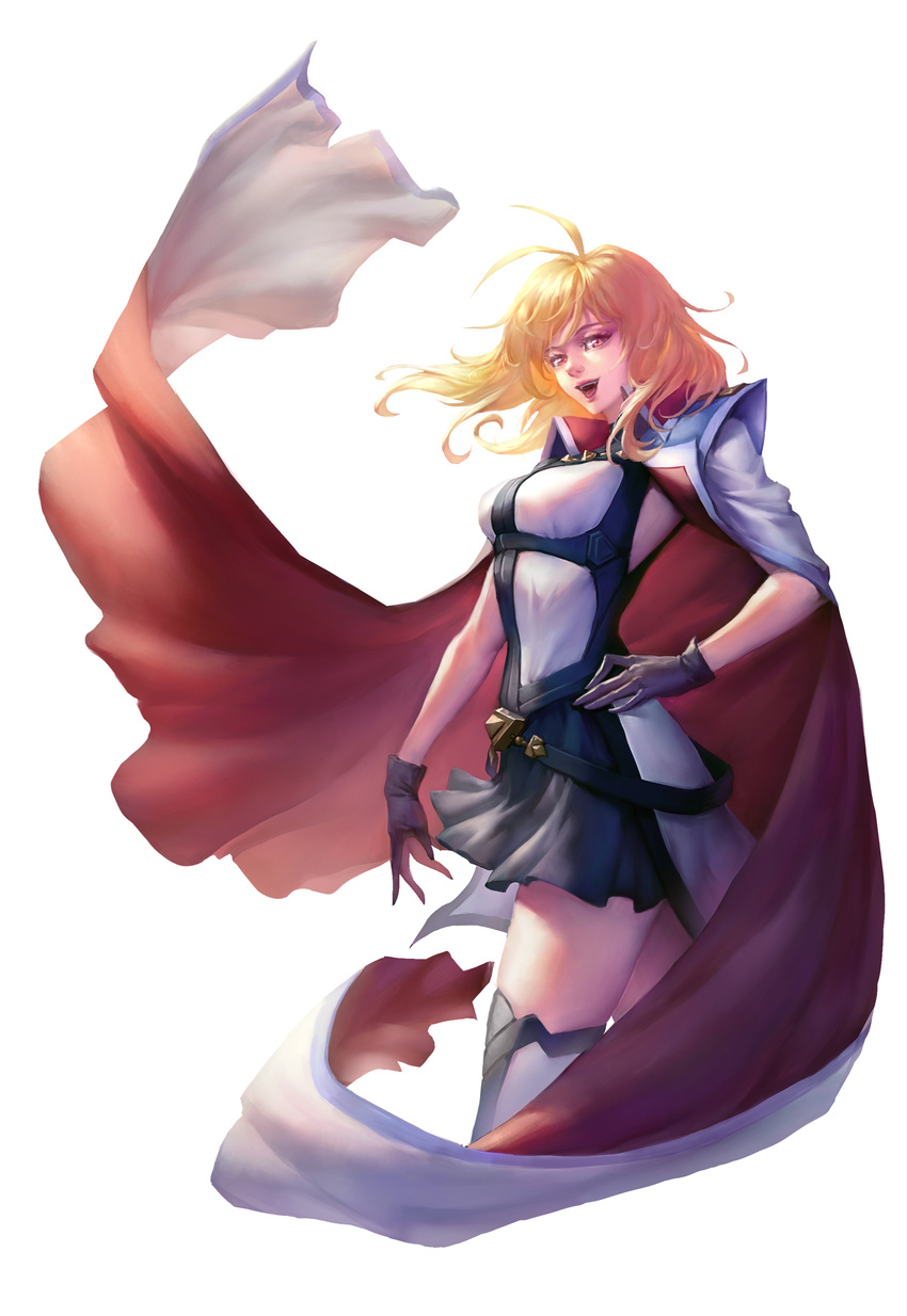 absurdres angelise_ikaruga_misurugi antenna_hair belt blonde_hair breasts cape cross_ange gloves highres lips looking_at_viewer medium_breasts open_mouth pleated_skirt red_cape red_eyes revision short_hair simple_background skirt solo standing teeth thighhighs tongue white_background white_legwear zhen_long
