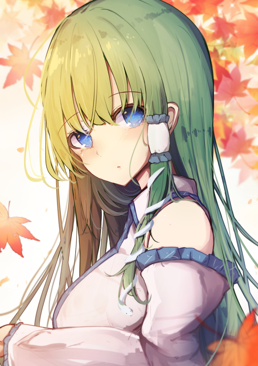 1girl :o absurdres autumn_leaves bangs bare_shoulders blue_eyes blush breasts detached_sleeves eyebrows_visible_through_hair falling_leaves frills from_side green_hair hair_ornament hair_tubes highres kochiya_sanae large_breasts leaf long_hair long_sleeves looking_at_viewer looking_to_the_side maple_leaf parted_lips shirt snake_hair_ornament solo touhou upper_body ur9750 white_shirt