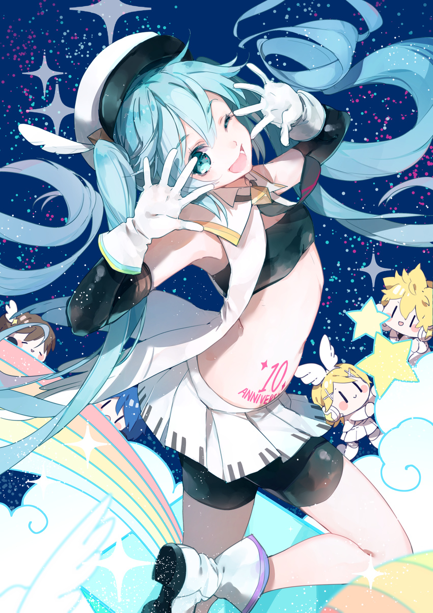 3girls :d anniversary aqua_eyes aqua_hair bandeau bangs bike_shorts black_gloves blonde_hair blue_hair boots brother_and_sister brown_hair cabbie_hat commentary_request elbow_gloves eyebrows_visible_through_hair floating_hair from_side gloves hair_between_eyes hat hatsune_miku highres kagamine_len kagamine_rin kaito long_hair looking_at_viewer meiko miniskirt multiple_boys multiple_girls open_clothes open_mouth open_shirt pleated_skirt shirt shorts shorts_under_skirt shuzi siblings skirt sky sleeveless sleeveless_shirt smile solo_focus sparkle star star_(sky) starry_sky very_long_hair vocaloid white_footwear white_gloves white_hat white_skirt