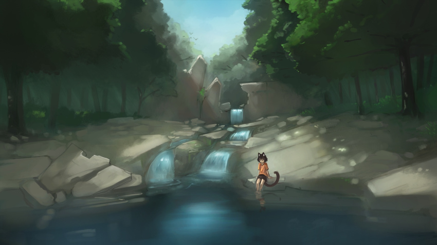 animal_ears arm_support bare_legs black_hair black_skirt blue_sky cat_ears cat_girl cat_tail forest highres lake nature orange_shirt original outdoors paintrfiend reflection river rock scenery shirt short_hair short_sleeves sitting skirt sky soaking_feet solo tail tree water water_surface waterfall
