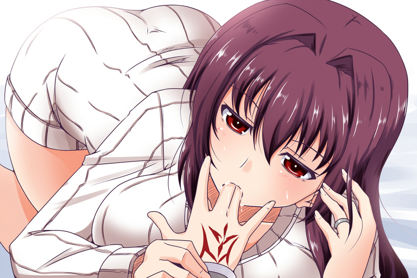 breasts fate/grand_order fate_(series) finger_sucking jewelry large_breasts long_hair nishi_koutarou purple_hair red_eyes ring scathach_(fate)_(all) scathach_(fate/grand_order) sweater turtleneck turtleneck_sweater