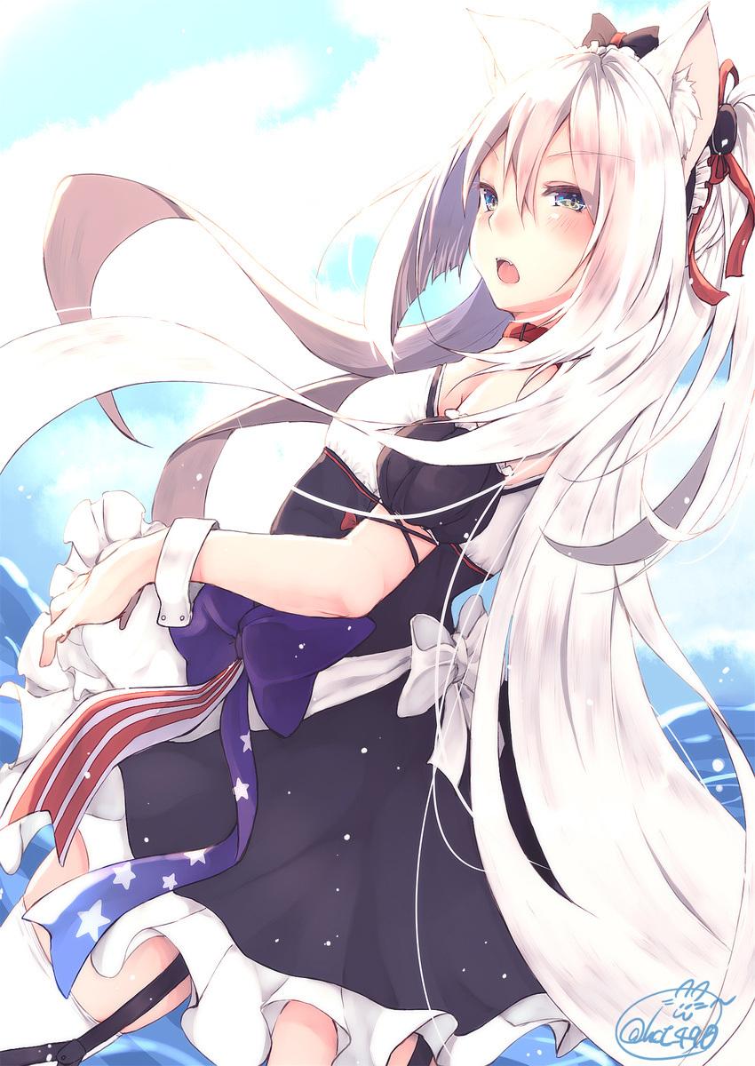 animal_ear_fluff animal_ears apron azur_lane bangs blue_sky blush bow breasts cat_ears chita_(ketchup) choker cowboy_shot day dress dutch_angle eyebrows_visible_through_hair fang frilled_dress frills from_side garter_straps grey_eyes hair_between_eyes hair_bow hair_ribbon hammann_(azur_lane) highres long_hair looking_at_viewer open_mouth outdoors remodel_(azur_lane) ribbon signature sky small_breasts solo star star_print teeth thighhighs twitter_username very_long_hair water white_hair white_legwear wrist_cuffs