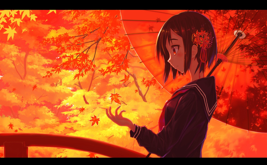 autumn autumn_leaves backlighting black_serafuku black_shirt falling_leaves flower from_side hair_flower hair_ornament hair_ribbon highres holding holding_umbrella leaf letterboxed long_sleeves neckerchief original parasol parted_lips profile red_eyes red_neckwear red_ribbon red_umbrella ribbon school_uniform serafuku shirt short_hair sideways_mouth solo sorano_eika tareme tree umbrella upper_body