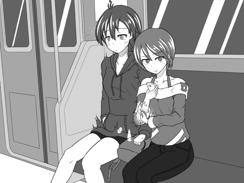 2girls :&gt; anal anal_object_insertion bangs bare_shoulders bike_shorts blush breasts butt_plug cellphone cleavage clenched_hand closed_mouth collarbone constricted_pupils controller denim discreet_vibrator door egg_vibrator eyebrows_visible_through_hair female greyscale hair_between_eyes halcyon_(halcyon90) hand_in_pocket hand_up happy holding holding_cellphone holding_phone hood hoodie jeans legs_together looking_at_viewer monochrome multiple_girls notice_lines object_insertion off_shoulder original pants phone remote_control remote_control_vibrator shiny shiny_hair shirt short_hair sitting small_breasts smile surprised train_interior trembling vaginal vaginal_object_insertion vibrator vibrator_under_clothes window x-ray yuri