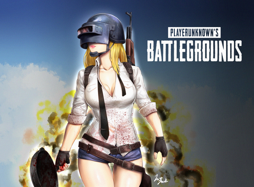 belt black_gloves blonde_hair blood bloody_clothes breasts cleavage collarbone commentary_request copyright_name cowboy_shot dress_shirt explosion fingerless_gloves frying_pan genderswap genderswap_(mtf) gloves helmet highres jazzjack korean_commentary large_breasts long_hair looking_to_the_side necktie pink_lips playerunknown's_battlegrounds shirt short_shorts shorts sleeves_rolled_up solo thigh_gap undone_necktie weapon