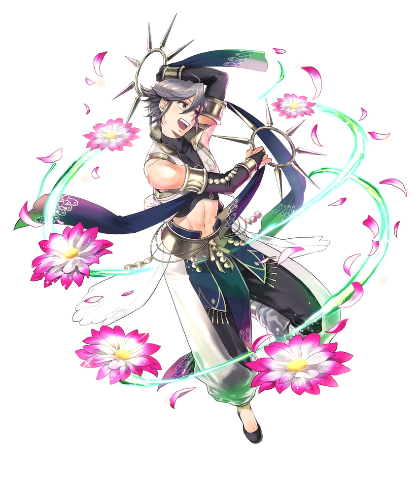 abs azur_(fire_emblem) bare_shoulders brown_eyes fire_emblem fire_emblem:_kakusei fire_emblem_heroes flower full_body grey_hair highres leaf male_focus midriff navel official_art open_mouth petals solo suekane_kumiko teeth transparent_background