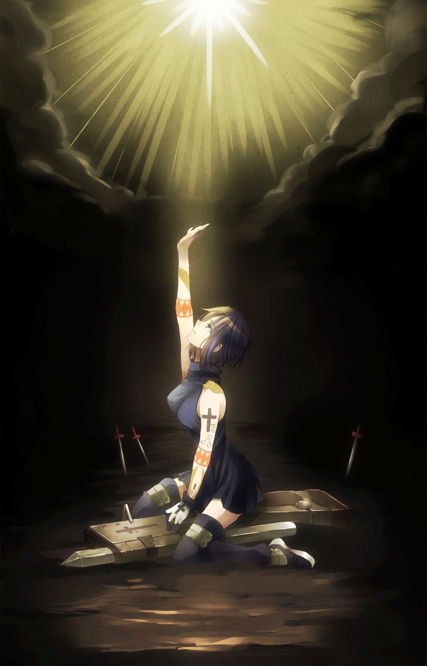 arm_above_head arm_up bare_shoulders black_keys blue_eyes blue_hair boots breasts ciel crossover gloves highres hoshiyume_yashiro looking_up medium_breasts pile_bunker seventh_holy_scripture short_hair solo tattoo thigh_boots thighhighs tsukihime