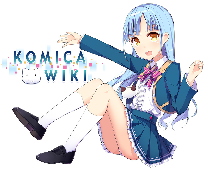 amemiya_ruki bangs black_footwear blue_hair blue_jacket blue_skirt blunt_bangs bow bowtie collared_shirt eyebrows_visible_through_hair frilled_shirt frilled_skirt frills jacket kiki_(komica_wiki) kneehighs komica_wiki long_hair long_sleeves looking_at_viewer mascot official_art open_mouth outstretched_arm panties panty_peek pleated_skirt shirt shoes sidelocks simple_background sitting skirt solo striped striped_bow striped_neckwear tareme underwear very_long_hair white_background white_legwear white_panties white_shirt yellow_eyes