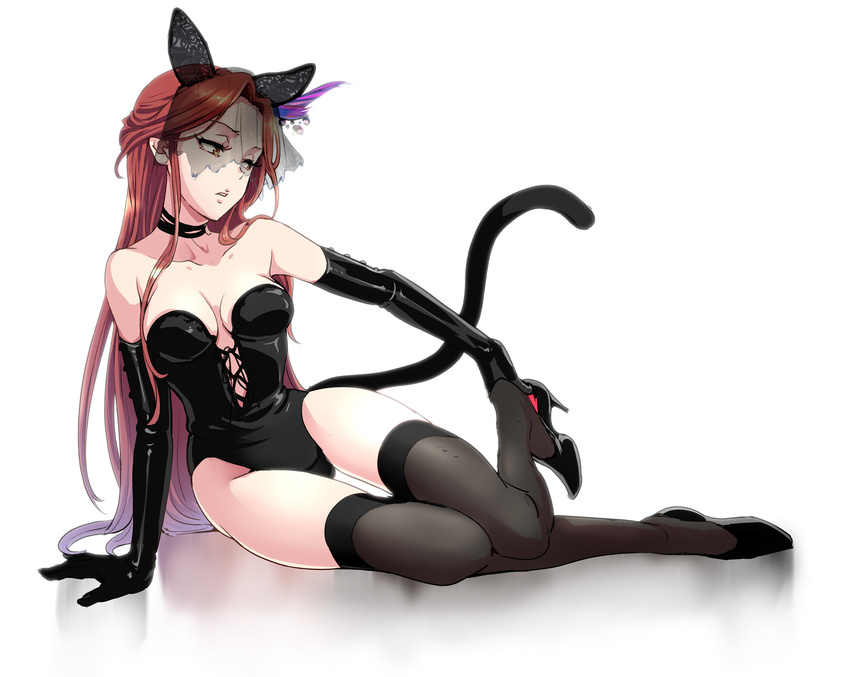 arm_support black_footwear black_gloves black_legwear cat_tail choker elbow_gloves gloves hair_ornament high_heels highres idolmaster idolmaster_cinderella_girls idolmaster_cinderella_girls_starlight_stage leather leather_gloves leotard lingerie long_hair lying null_(chronix) on_side parted_lips red_hair removing_shoes shoes solo strapless strapless_leotard tail thighhighs underwear veil very_long_hair yellow_eyes zaizen_tokiko