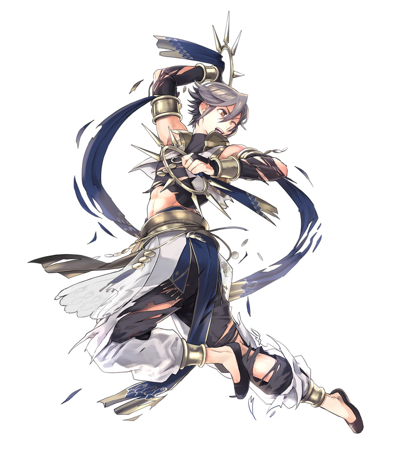 abs azur_(fire_emblem) back bare_shoulders brown_eyes fire_emblem fire_emblem:_kakusei fire_emblem_heroes full_body grey_hair highres male_focus midriff navel official_art one_eye_closed open_mouth solo suekane_kumiko teeth transparent_background