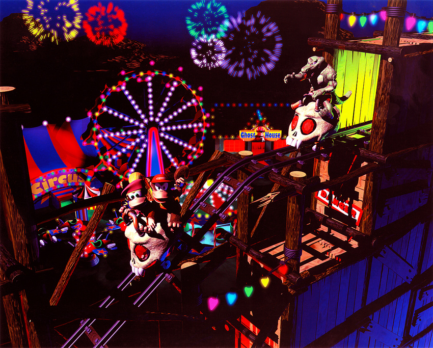 3d ad amusement_park circus diddy_kong dixie_kong donkey_kong_(series) ferris_wheel fireworks kremling nintendo promotional_art rareware roller_coaster