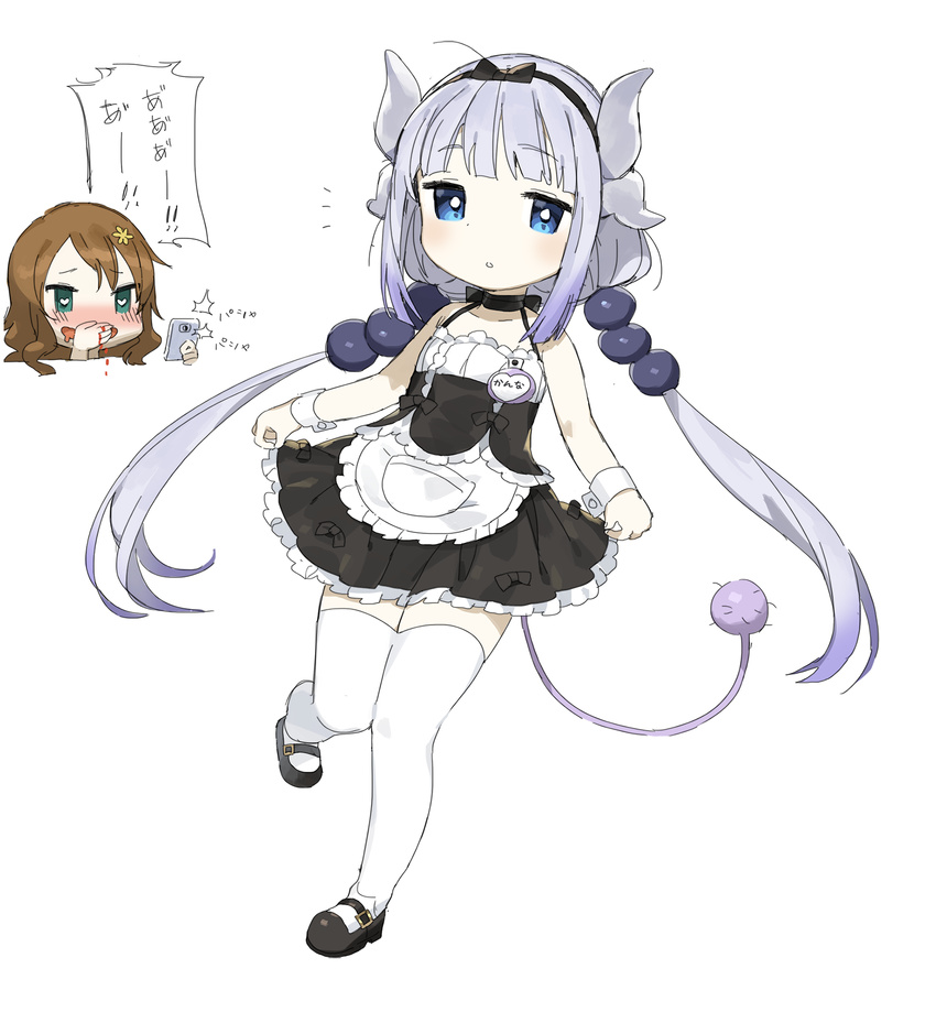 alternate_costume bangs beads black_bow blue_eyes blunt_bangs blush bow brown_hair covering_mouth dragon_girl dragon_horns dragon_tail dress enmaided green_eyes hair_beads hair_ornament hairband hairclip halterneck heart heart-shaped_pupils highres horns kanna_kamui kobayashi-san_chi_no_maidragon long_hair looking_at_another low_twintails maid mary_janes multiple_girls nose_blush open_mouth saikawa_riko shoes short_dress silver_hair solo_focus spawnfoxy standing standing_on_one_leg symbol-shaped_pupils tail taking_picture thighhighs twintails very_long_hair white_legwear yuri zettai_ryouiki