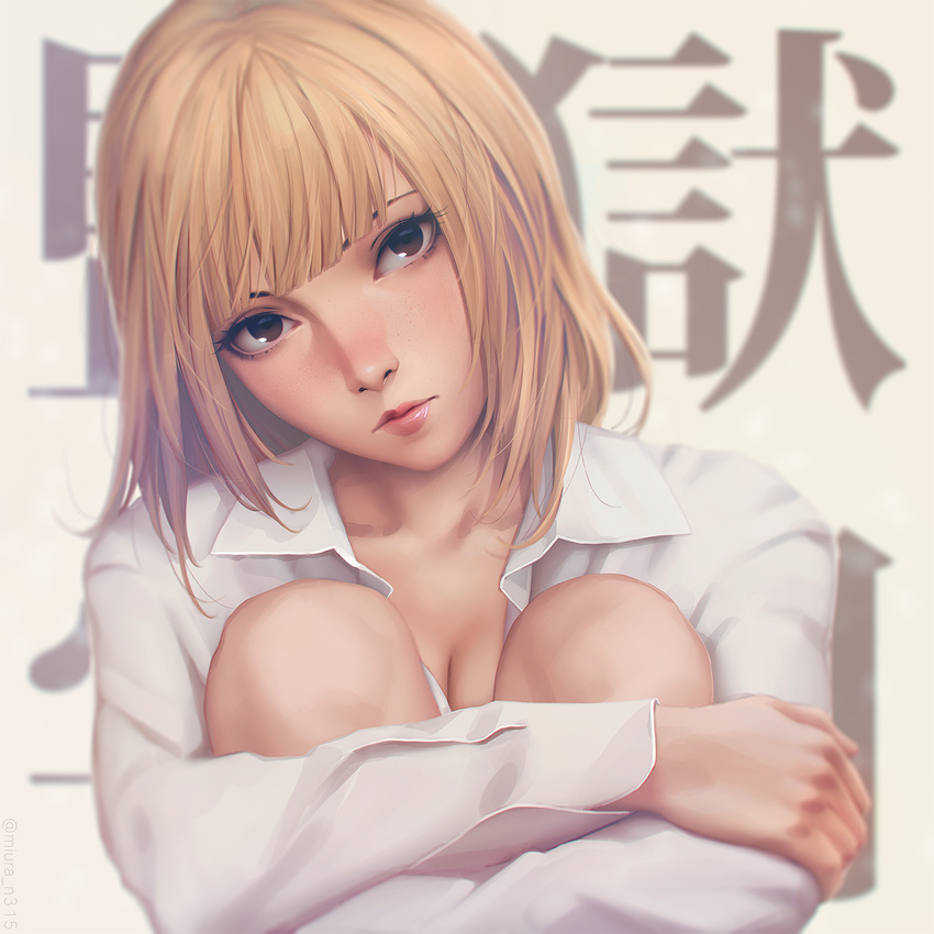 bangs blonde_hair blunt_bangs blush breasts brown_eyes cleavage closed_mouth collared_shirt expressionless head_tilt highres knees_up leg_hug lips looking_at_viewer medium_breasts midorikawa_hana miura-n315 prison_school shirt short_hair solo tsurime twitter_username white_shirt wing_collar yellow_background