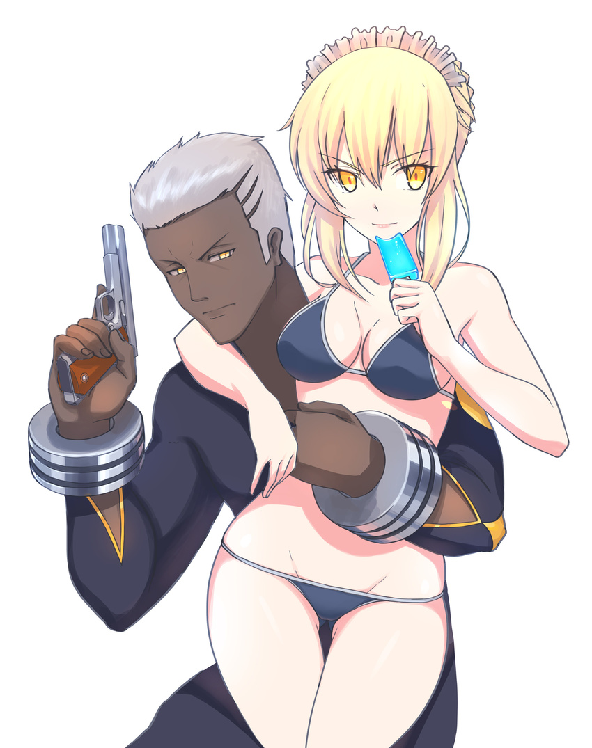 &gt;:( &gt;:) 1girl absurdres arm_around_neck artoria_pendragon_(all) artoria_pendragon_(swimsuit_rider_alter) ass_visible_through_thighs bangs bare_arms bare_shoulders bikini black_bikini blonde_hair bracelet breasts cleavage closed_mouth cowboy_shot dark_skin dark_skinned_male emiya_alter expressionless fate/grand_order fate_(series) food frills frown gun half-closed_eyes handgun highres holding holding_food holding_gun holding_weapon hug jewelry kuso_otoko long_sleeves looking_at_viewer maid_bikini maid_headdress medium_breasts pistol popsicle saber_alter short_hair silver_hair simple_background smile standing swimsuit thigh_gap thigh_strap trigger_discipline tsurime v-shaped_eyebrows weapon white_background yellow_eyes
