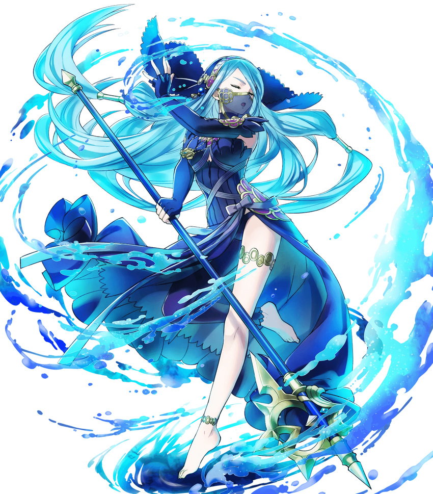 aqua_(fire_emblem_if) asymmetrical_legwear axe bangs bare_shoulders barefoot breasts closed_eyes dress fingerless_gloves fire_emblem fire_emblem_heroes fire_emblem_if full_body gloves highres holding holding_weapon kaya8 leg_up medium_breasts official_art open_mouth polearm poleaxe see-through skirt solo thigh_strap transparent_background veil weapon