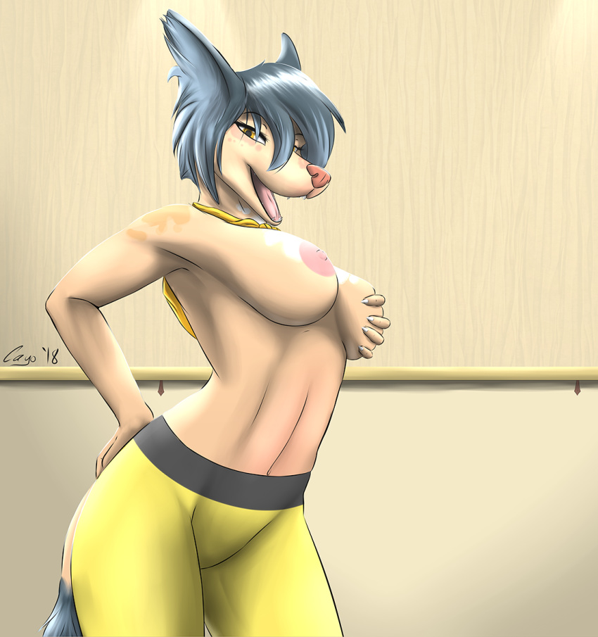 anthro antoinette_(medium-maney) breasts canine cayo chinese_crested_dog clothed clothing digital_media_(artwork) dog female fur hair looking_at_viewer mammal nipples open_mouth scarf smile solo topless