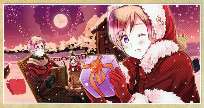 3boys axis_powers_hetalia blonde_hair blush book bowtie chair christmas coat finland_(hetalia) fluffy glasses gloves green_eyes heart house iceland_(hetalia) looking_at_viewer male_focus moon multiple_boys night outdoors present purple_eyes ribbon river santa_costume scarf sitting smile snow snowflakes snowing sweden_(hetalia) tree winter