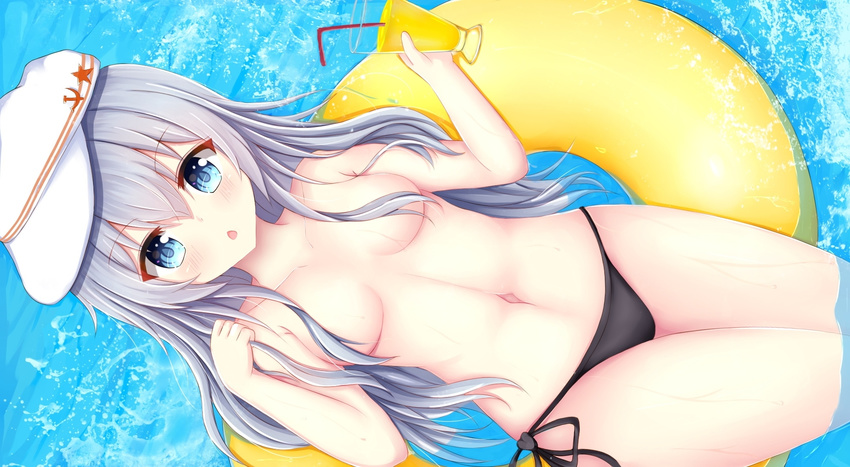 bikini black_bikini_bottom blue_eyes breasts collarbone day endsmall_min eyebrows_visible_through_hair flat_cap from_above hair_between_eyes hair_censor hat hibiki_(kantai_collection) highres holding innertube kantai_collection long_hair looking_at_viewer navel open_mouth outdoors pool side-tie_bikini silver_hair small_breasts solo swimsuit topless verniy_(kantai_collection) very_long_hair water white_hat yellow_innertube