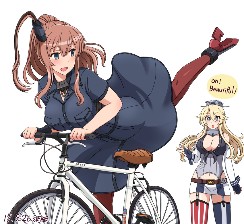 american_flag_legwear bad_id bad_pixiv_id banned_artist bicycle blue_eyes breast_pocket breasts brown_hair dated dress english fingerless_gloves gloves ground_vehicle headgear implied_pantyshot iowa_(kantai_collection) kantai_collection large_breasts long_hair multiple_girls neckerchief open_mouth pocket ponytail saratoga_(kantai_collection) shin'en_(gyokuro_company) side_ponytail star star-shaped_pupils striped striped_legwear surprised symbol-shaped_pupils thighhighs vertical-striped_legwear vertical_stripes