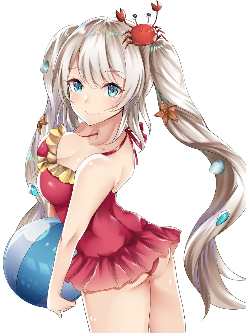 absurdres ass ball beachball blue_eyes blush breasts cleavage crab fate/grand_order fate_(series) furumiya_neko highres long_hair marie_antoinette_(fate/grand_order) marie_antoinette_(swimsuit_caster)_(fate) medium_breasts red_swimsuit silver_hair smile solo starfish swimsuit swimsuit_skirt twintails white_background