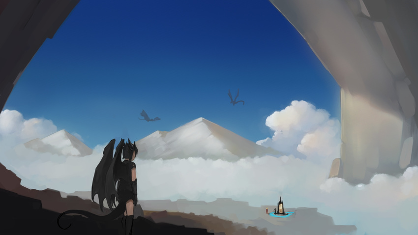 above_clouds black_hair black_shirt blue_sky claws cloud day dragon dragon_girl dragon_horns dragon_tail facing_away flying from_behind highres horns mountain original outdoors paintrfiend portal_(object) scenery shirt short_hair short_sleeves sky standing tail wings