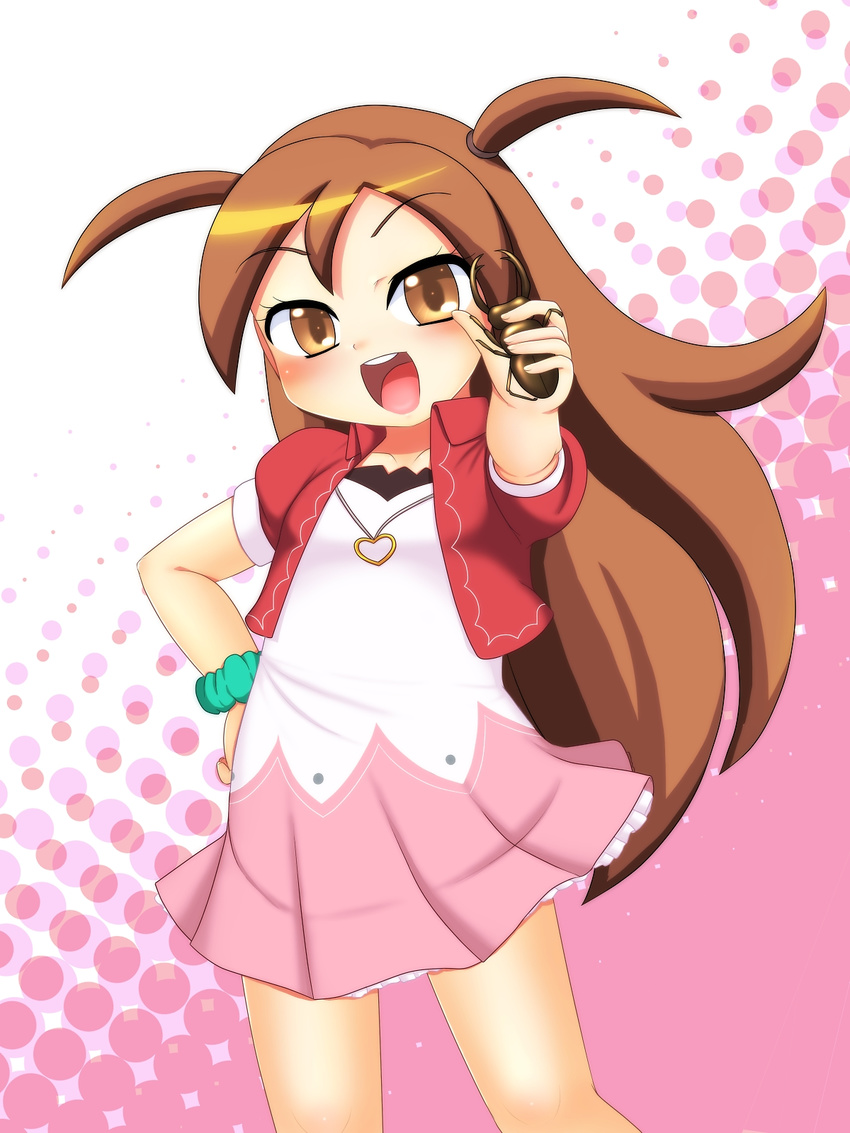 1girl arm_scrunchie beetle blush brown_eyes brown_hair child collarbone cowboy_shot dress flat_chest heart heart_necklace holding holding_insect jacket kagami_dana long_hair looking_at_viewer miyanii_(myanie) mushiking necklace polka_dot polka_dot_background round_teeth scrunchie standing teeth tied_hair white_background