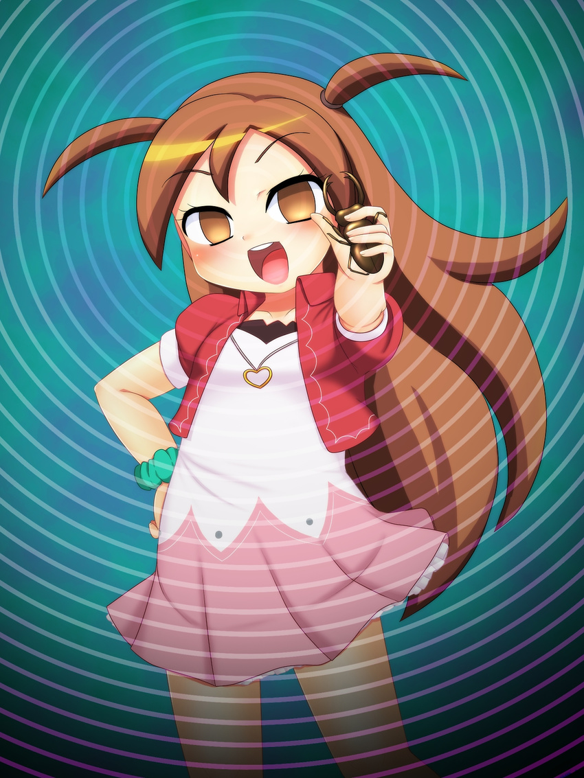 1girl arm_scrunchie beetle blush brown_eyes brown_hair child collarbone cowboy_shot dress empty_eyes flat_chest heart heart_necklace holding holding_insect hypnosis jacket kagami_dana long_hair looking_at_viewer miyanii_(myanie) mushiking necklace round_teeth scrunchie standing teeth tied_hair