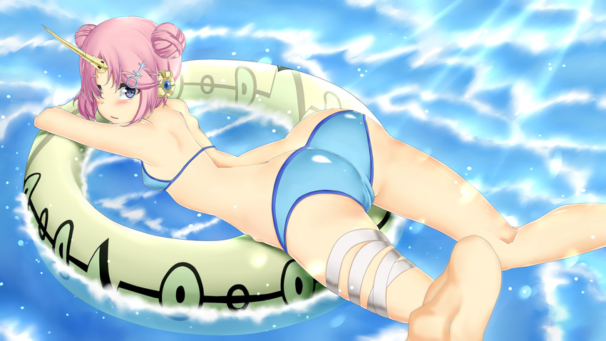 1girl artist_request ass berserker_of_black bikini blue_eyes blush breasts cameltoe erect_nipples fate/apocrypha fate/grand_order fate_(series) frankenstein's_monster_(swimsuit_saber)_(fate) from_behind innertube looking_at_viewer looking_back lying medium_breasts parted_lips shiny shiny_hair shiny_skin short_hair sideboob smile solo swimsuit water