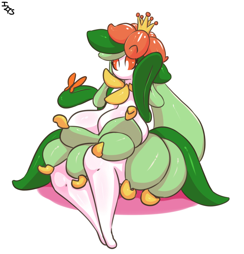 1girl arm_up breasts butterfly cleavage crown flower full_body green_hair hair_flower hand_up highres huge_breasts immortalstar lilligant long_hair looking_down mini_crown no_humans no_mouth orange_flower orange_sclera pokemon pokemon_(creature) pokemon_bw simple_background sitting solo star_(shape) text watermark white_background white_eyes