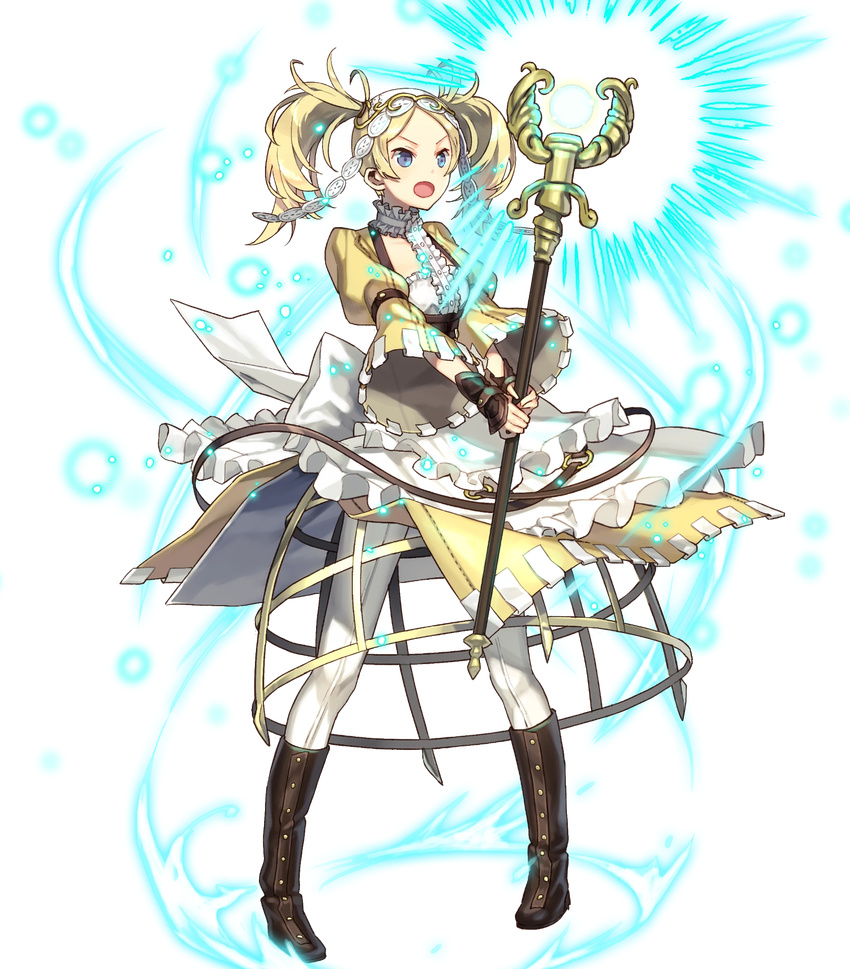 blonde_hair blue_eyes dress fire_emblem fire_emblem:_kakusei fire_emblem_heroes full_body gloves hair_ornament highres liz_(fire_emblem) long_hair official_art open_mouth short_twintails smile solo transparent_background twintails zaza_(x-can01)