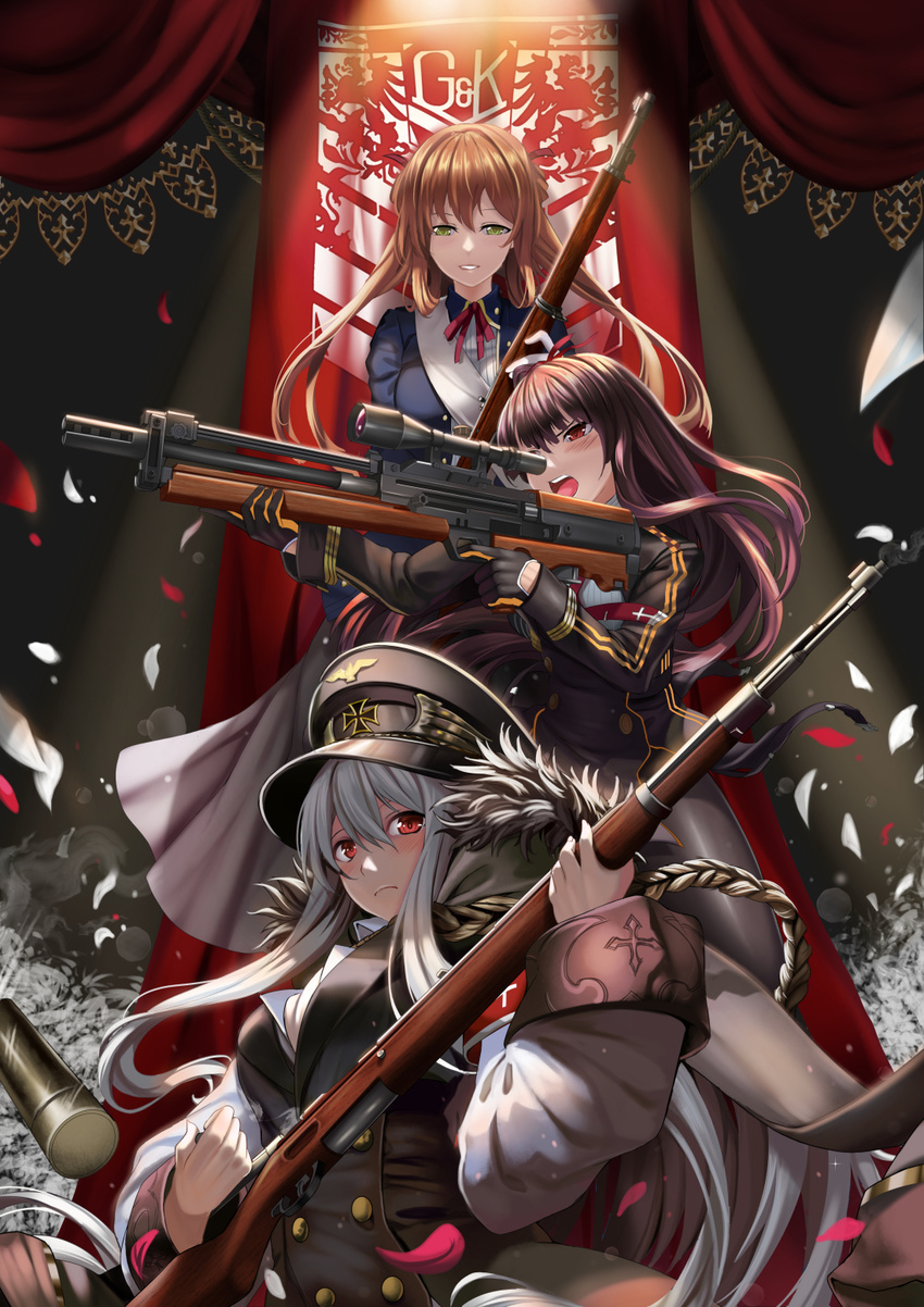 aiguillette aiming bangs black_gloves black_legwear blush bolt_action breasts brown_hair bullet bullpup closed_mouth commentary_request curtains eyebrows_visible_through_hair frown fur_trim girls_frontline gloves green_eyes grey_hair gun hair_between_eyes hasaya hat highres holding holding_gun holding_weapon iron_cross kar98k_(girls_frontline) large_breasts light_smile long_sleeves m1903_springfield m1903_springfield_(girls_frontline) mauser_98 military military_uniform multiple_girls one_side_up open_mouth pantyhose parted_lips peaked_cap petals red_eyes reloading rifle sash sidelocks silver_hair sitting smile sniper_rifle teeth tsurime uniform wa2000_(girls_frontline) walther walther_wa_2000 weapon