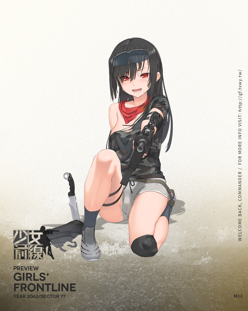 :d aiming_at_viewer bandaid bandaid_on_cheek bandaid_on_face bandana bangs beretta_m12 black_gloves black_legwear blush breasts cameltoe camouflage camouflage_shirt character_name copyright_name elbow_pads eyebrows_visible_through_hair full_body girls_frontline gloves goggles goggles_on_head grey_footwear gun gym_shorts hair_down highres holding holding_gun holding_weapon holster knee_pads knee_up knife long_hair looking_at_viewer m12_(girls_frontline) medium_breasts open_mouth shadow shirt shoes short_sleeves shorts sidelocks sitting smile sneakers socks solo submachine_gun thigh_holster thighs torn_clothes torn_shirt watermark weapon web_address