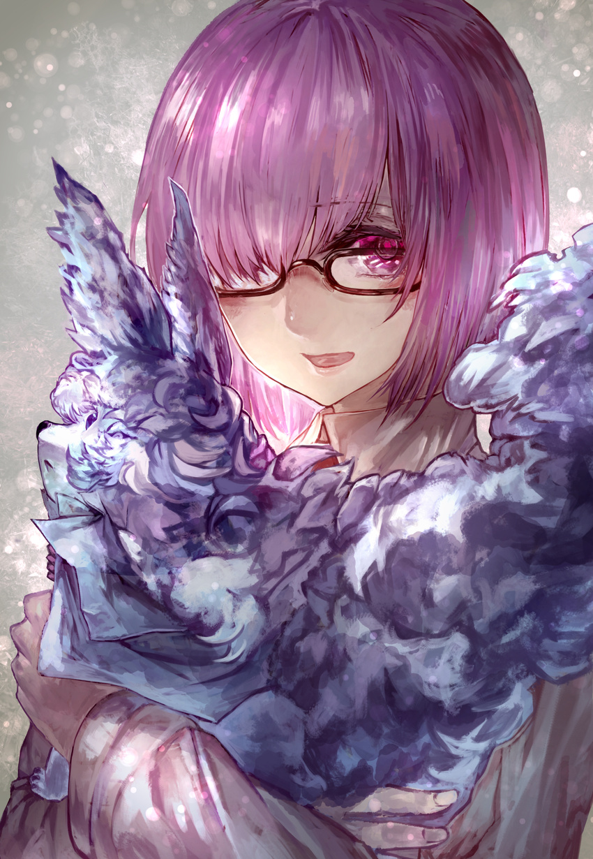 animal black-framed_eyewear fate/grand_order fate_(series) fou_(fate/grand_order) glasses grey_shirt hair_over_one_eye highres holding holding_animal looking_at_viewer mash_kyrielight purple_eyes purple_hair shirt short_hair signo_aaa solo upper_body