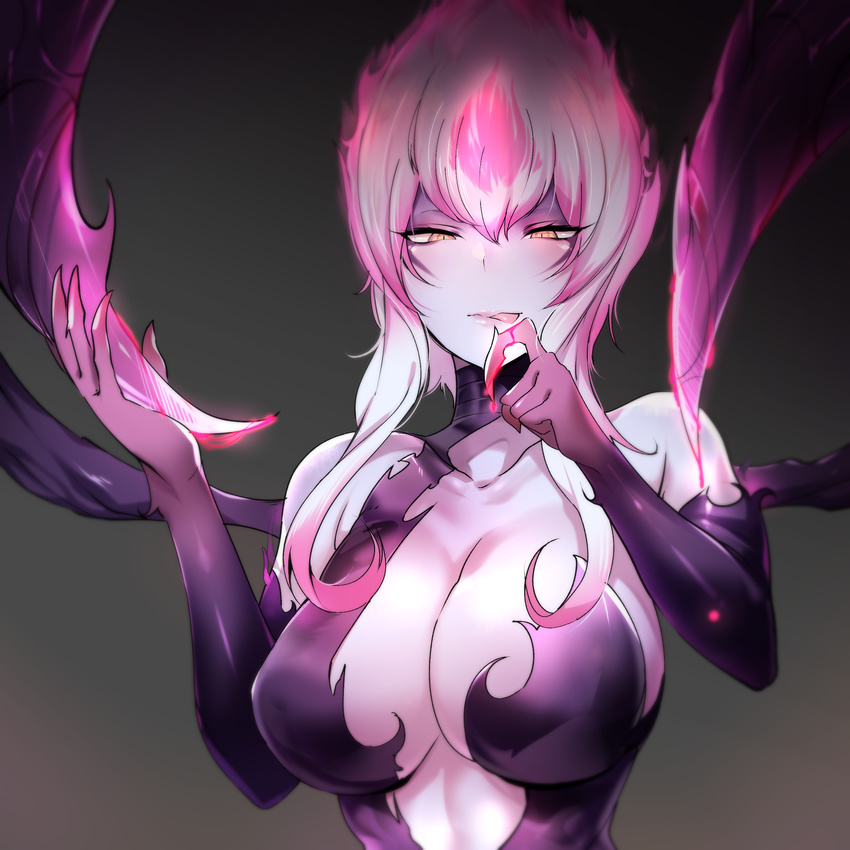 :p absurdres bare_shoulders black_background blood blush breasts center_opening cleavage collarbone elbow_gloves evelynn fingernails gloves half-closed_eyes highres large_breasts league_of_legends licking_lips multicolored_hair pink_hair pink_lips pocari_sweat_(artist) sharp_fingernails sidelocks simple_background solo tongue tongue_out two-tone_hair white_hair white_skin yellow_eyes