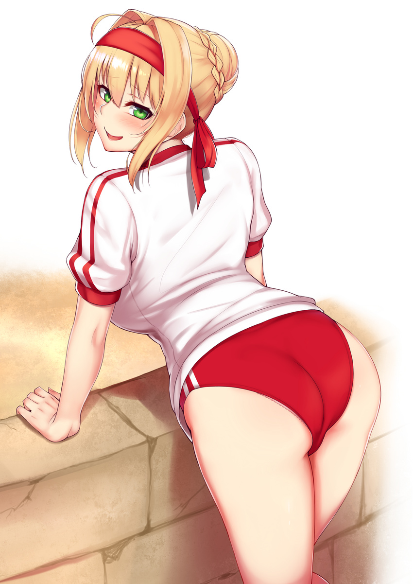 absurdres ahoge arched_back ass bangs blonde_hair blush braid buruma eyebrows_visible_through_hair fate/grand_order fate_(series) french_braid frilled_panties frills from_behind green_eyes gym_shirt gym_uniform hair_between_eyes hair_bun hair_intakes half-closed_eyes headband highres kusahagane looking_at_viewer looking_back nero_claudius_(fate) nero_claudius_(fate)_(all) olympian_bloomers open_mouth panties panties_under_buruma pink_panties red_buruma shirt short_sleeves sidelocks smile solo teeth thighs underwear white_shirt