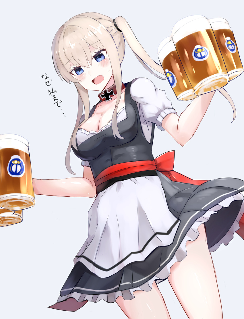 alcohol alternate_costume apron bangs beer beer_mug black_dress blonde_hair blue_background blue_eyes blush bow breasts cleavage collar cowboy_shot cup dirndl dress dutch_angle eyebrows_visible_through_hair frilled_dress frills german_clothes graf_zeppelin_(kantai_collection) hair_tie highres holding holding_cup iron_cross kantai_collection long_hair looking_down medium_breasts red_bow sash short_sleeves sidelocks simple_background solo standing sweat translated twintails waist_apron white_apron xenonstriker