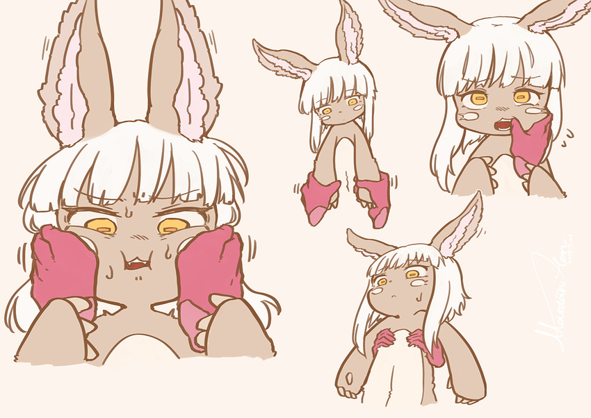 animal_ears arm_grab cheek_squash fangs finger_in_mouth floating_hand flying_sweatdrops furry hands_on_another's_chest lifting_person made_in_abyss nanachi_(made_in_abyss) simple_background solo_focus whiskers white_hair yama_gan yellow_eyes