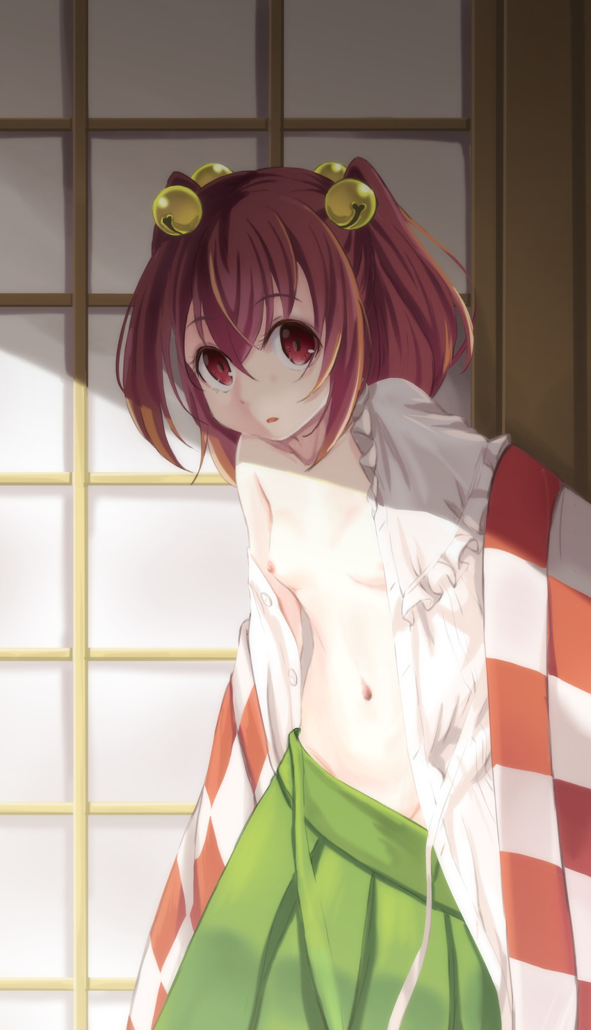 bell breasts buttons checkered checkered_kimono green_skirt hair_bell hair_ornament highres japanese_clothes jingle_bell kimono leaning_forward looking_at_viewer medium_hair motoori_kosuzu mukai navel nipples no_bra no_panties pleated_skirt red_eyes red_hair shadow skirt sliding_doors small_breasts solo standing touhou