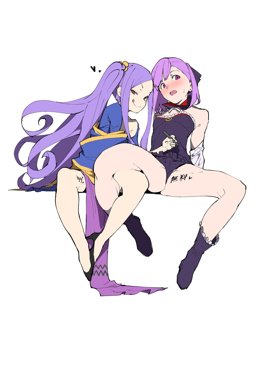 :q absurdres bad_anatomy bare_shoulders blush boots detached_sleeves fate/grand_order fate_(series) heart helena_blavatsky_(fate/grand_order) high_heels highres jikatarou long_hair multiple_girls open_mouth purple_eyes purple_hair short_hair sitting smile spread_legs teeth tongue tongue_out twintails very_long_hair wu_zetian_(fate/grand_order)