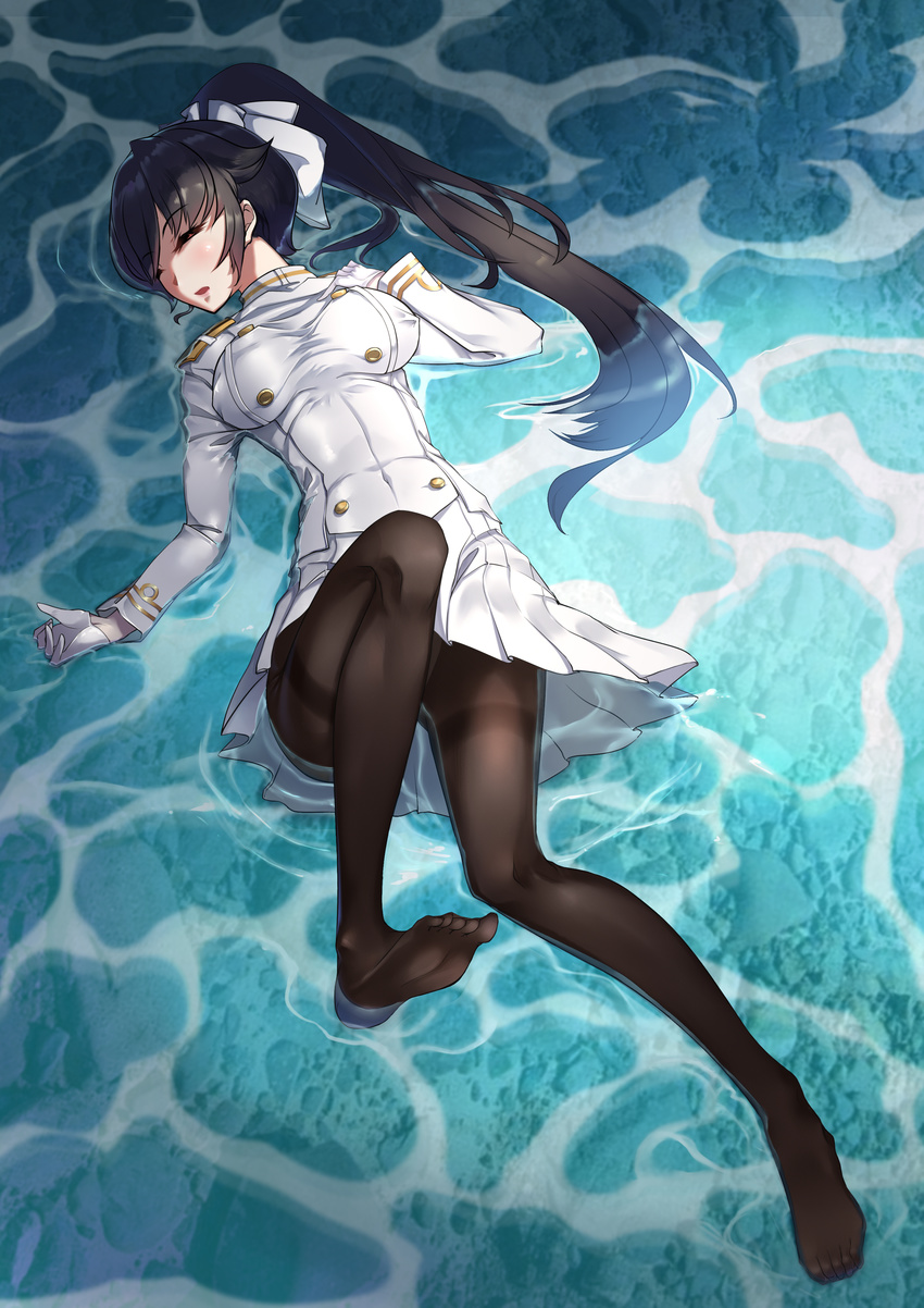absurdres azur_lane black_hair black_legwear bow breasts closed_eyes full_body gins gloves hair_bow highres large_breasts long_hair lying military military_uniform miniskirt on_back open_mouth panties panties_under_pantyhose pantyhose pantyshot pantyshot_(lying) pleated_skirt ponytail skirt skirt_set solo takao_(azur_lane) taut_clothes thighband_pantyhose underwear uniform very_long_hair water water_surface white_gloves